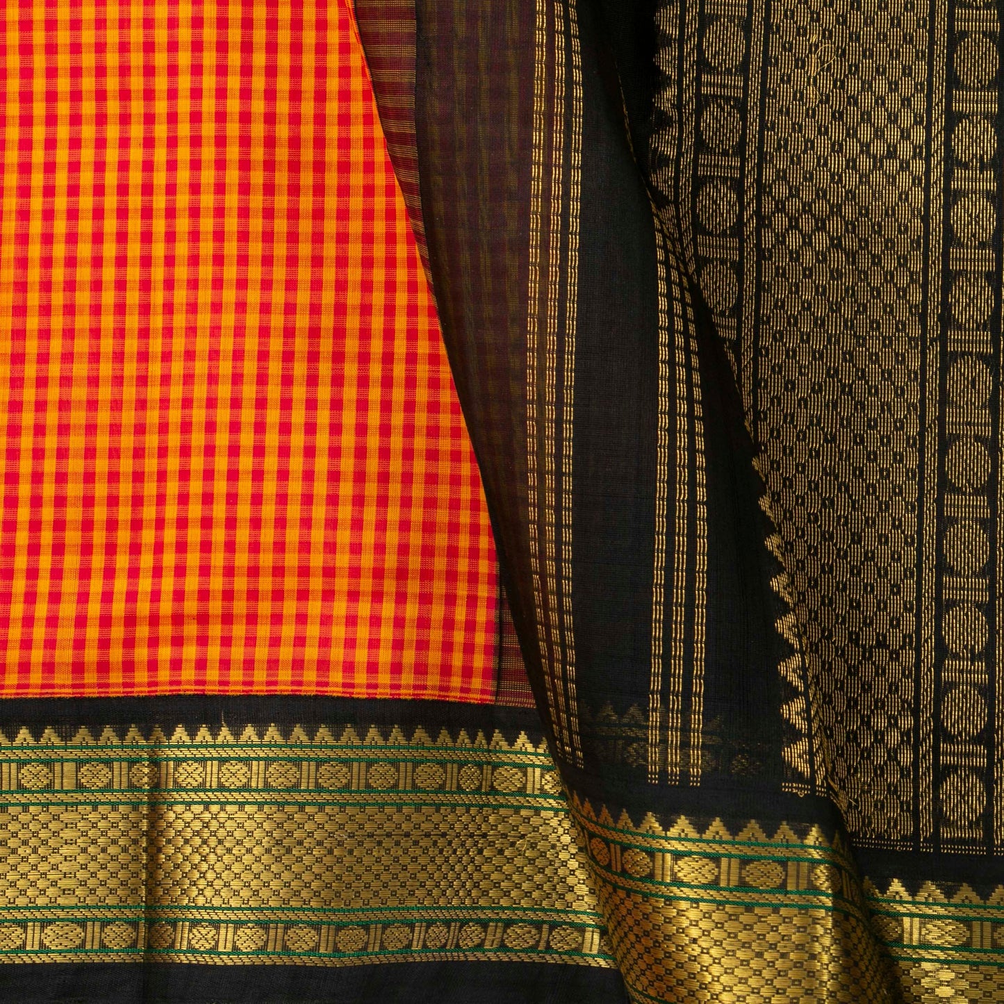Red And Orange Checked Kanchi Silk Cotton Saree With Black Contrast Border For Festive Wear VP SC 170