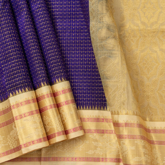 Blue and Beige Lakshadeepam Kanchi Silk Cotton Saree With Korvai Border For Festive Wear VP SC 132