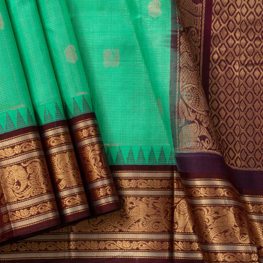 Turquoise And Coffee Brown Kanchi Silk Cotton Saree With Vaira Oosi Zari Stripes For Festive Wear VP SC 134