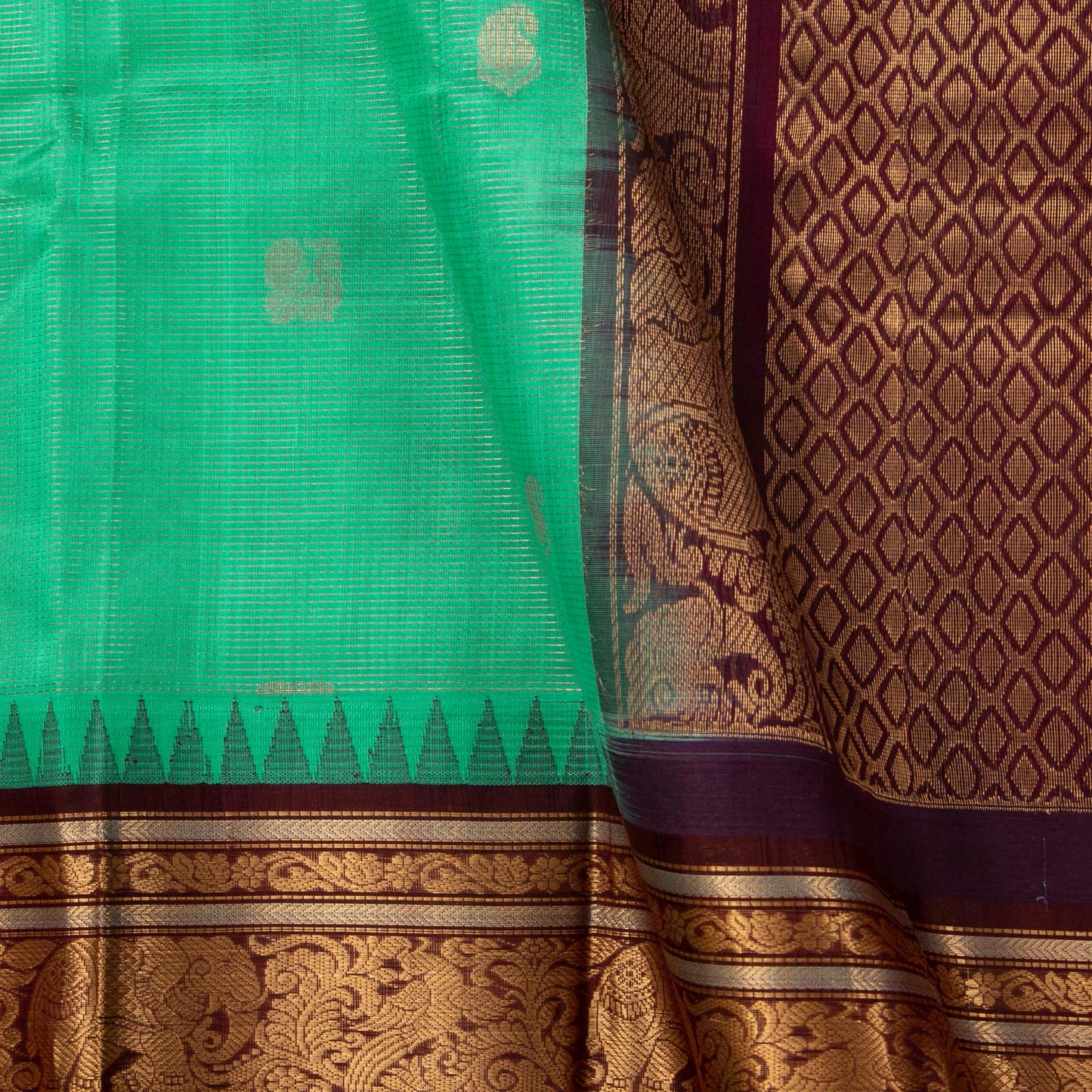 Turquoise And Coffee Brown Kanchi Silk Cotton Saree With Vaira Oosi Zari Stripes For Festive Wear VP SC 134