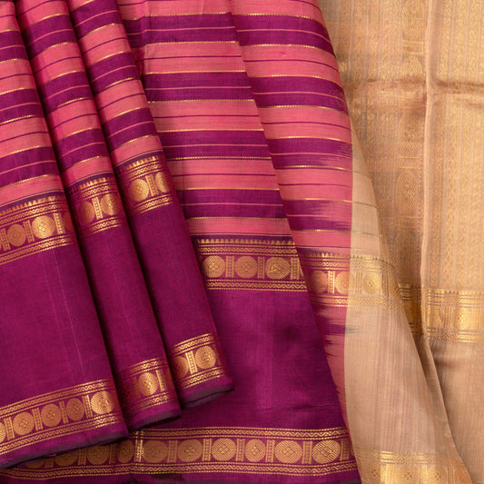 Pink And Magenta Kanchi Silk Cotton Saree With Zari Stripes For Festive Wear VP SC 120