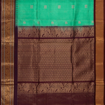 Turquoise And Coffee Brown Kanchi Silk Cotton Saree With Vaira Oosi Zari Stripes For Festive Wear VP SC 134
