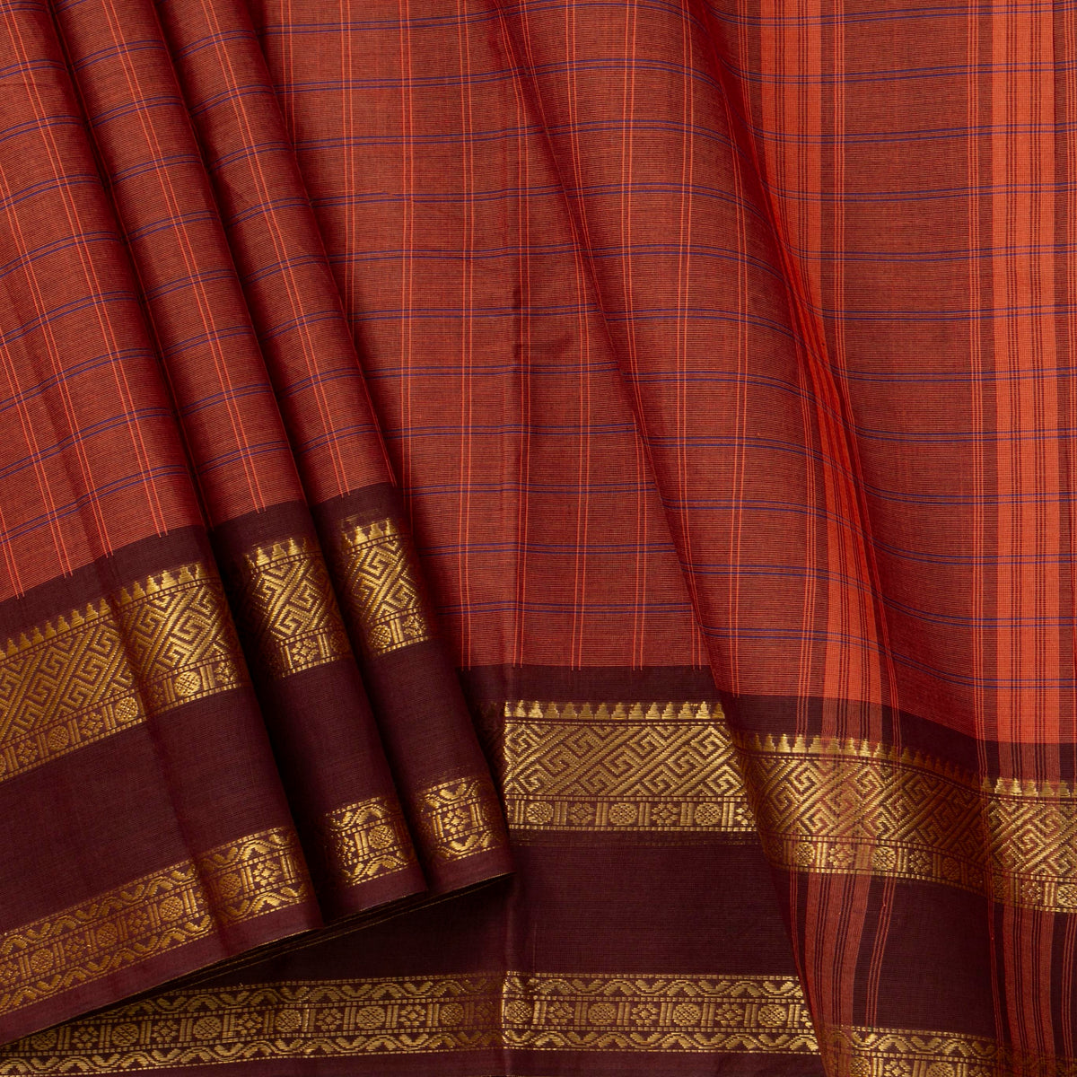 Rust And Brown Kanchi Cotton Saree For Festive Wear PV MM KC 755