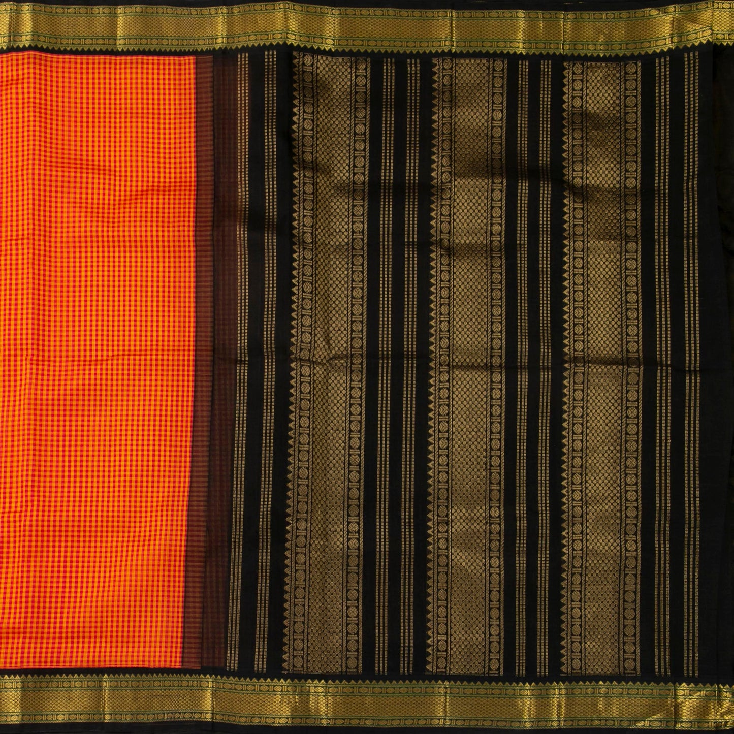 Red And Orange Checked Kanchi Silk Cotton Saree With Black Contrast Border For Festive Wear VP SC 170