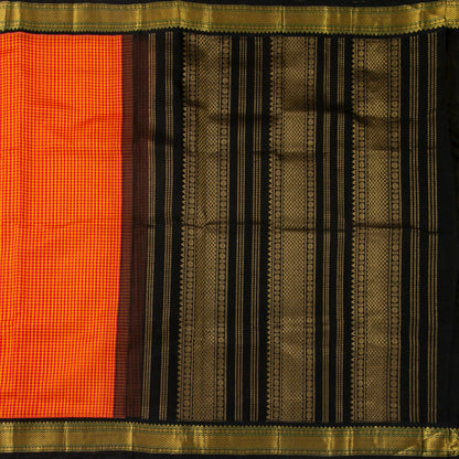 Red And Orange Checked Kanchi Silk Cotton Saree With Black Contrast Border For Festive Wear VP SC 170