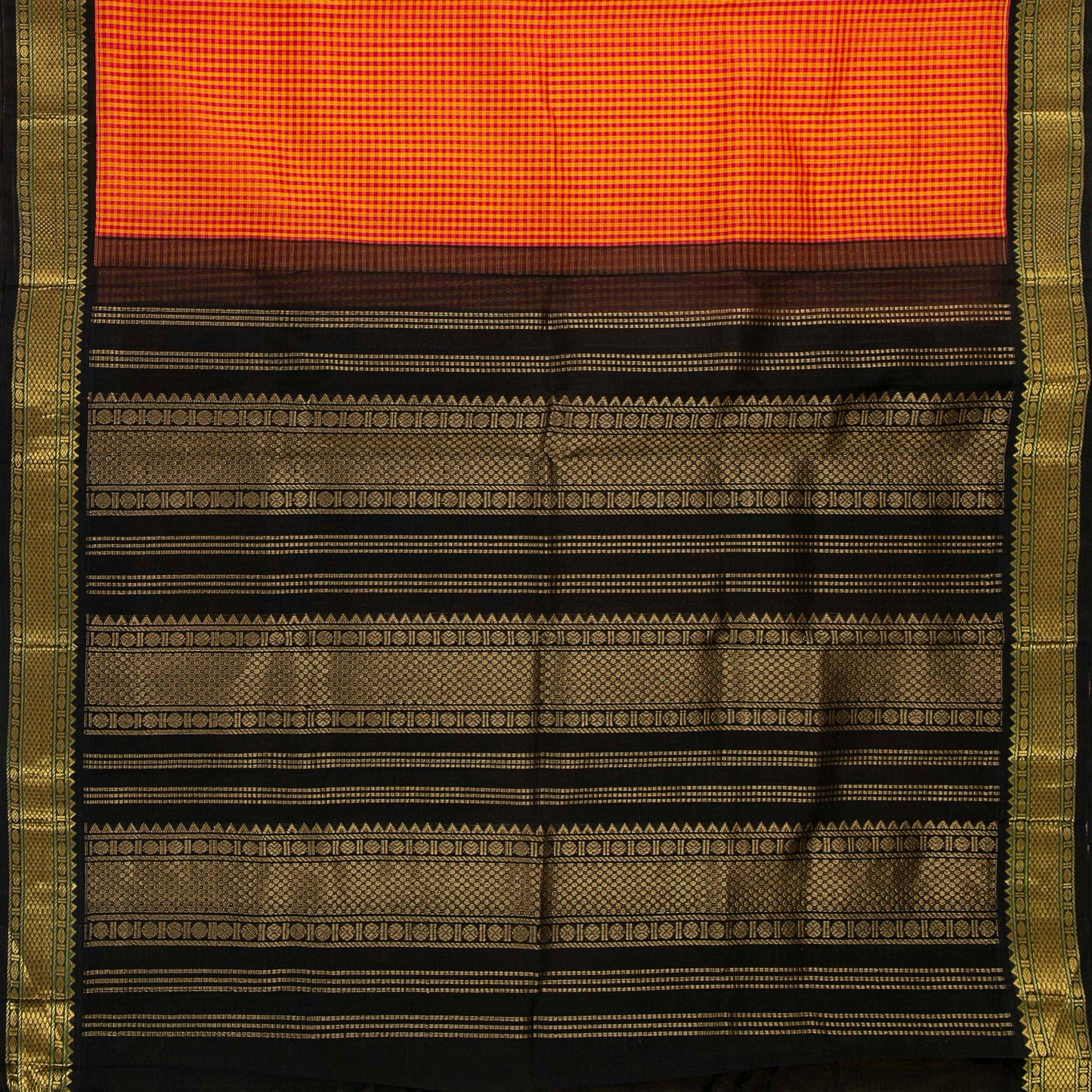 Red And Orange Checked Kanchi Silk Cotton Saree With Black Contrast Border For Festive Wear VP SC 170