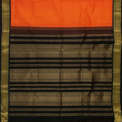 Red And Orange Checked Kanchi Silk Cotton Saree With Black Contrast Border For Festive Wear VP SC 170