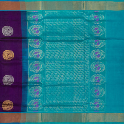 Purple And Ananda Blue Kanchi Silk Cotton Saree With Antique Zari For Festive Wear VP SC 122