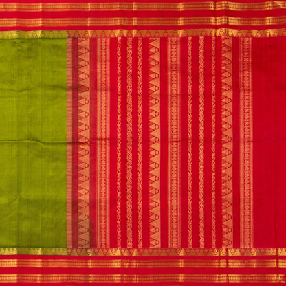 Light Green And Red Kanchi Silk Cotton Saree With Vaira Oosi Stripes And Korvai Border For Festive Wear VP SC 131