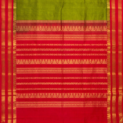 Light Green And Red Kanchi Silk Cotton Saree With Vaira Oosi Stripes And Korvai Border For Festive Wear VP SC 131