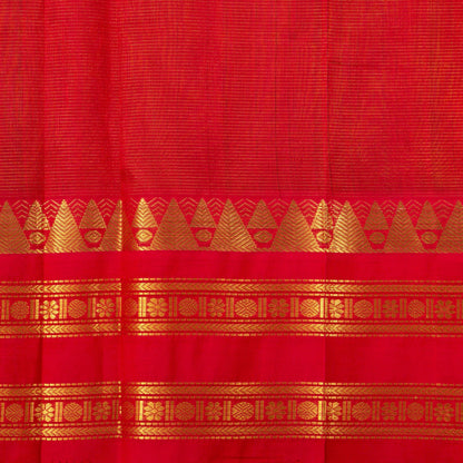 Light Green And Red Kanchi Silk Cotton Saree With Vaira Oosi Stripes And Korvai Border For Festive Wear VP SC 131