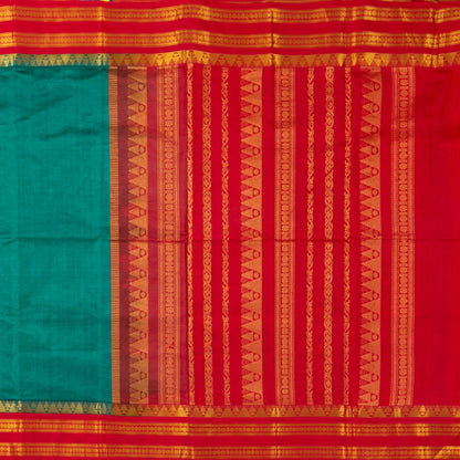 Teal And Red Kanchi Silk Cotton Saree With Vaira Oosi Zari Stripes For Festive Wear VP SC 130