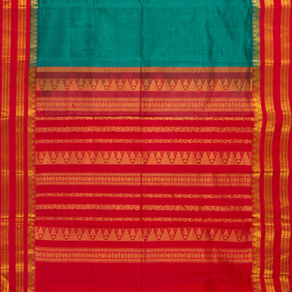 Teal And Red Kanchi Silk Cotton Saree With Vaira Oosi Zari Stripes For Festive Wear VP SC 130