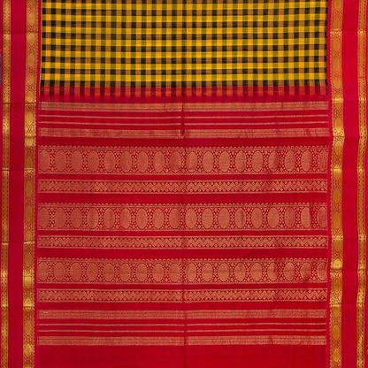 Yellow And Black Checked Kanchi Silk Cotton Saree With Red Korvai Border For Festive Wear VP SC 169