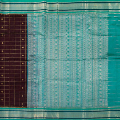 Purple And Teal Kanchi Silk Cotton Saree With Zari Checks For Festive Wear VP SC 174