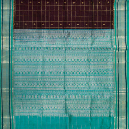 Purple And Teal Kanchi Silk Cotton Saree With Zari Checks For Festive Wear VP SC 174