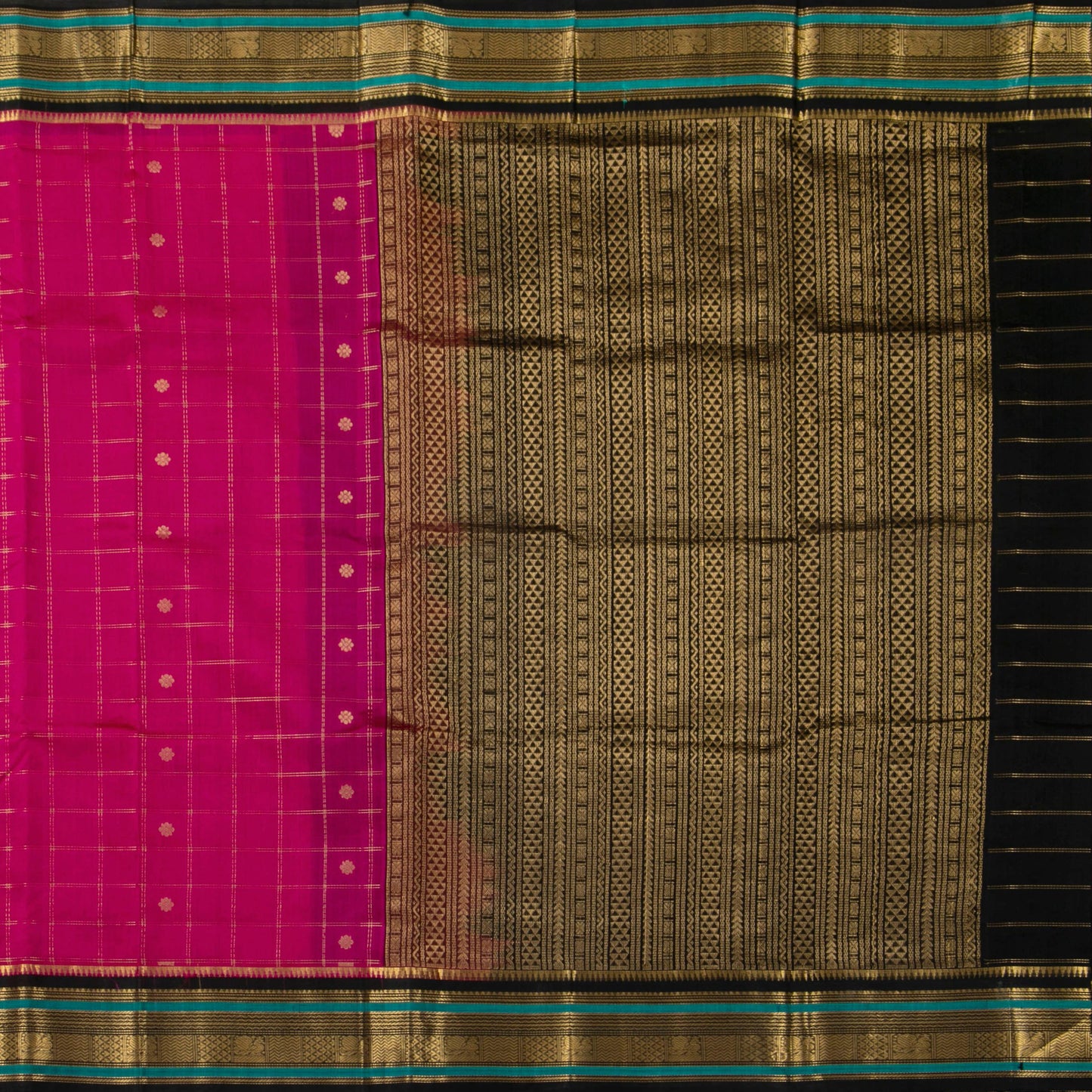 Pink And Black Kanchi Silk Cotton Saree With Zari Checks For Festive Wear VP SC 173