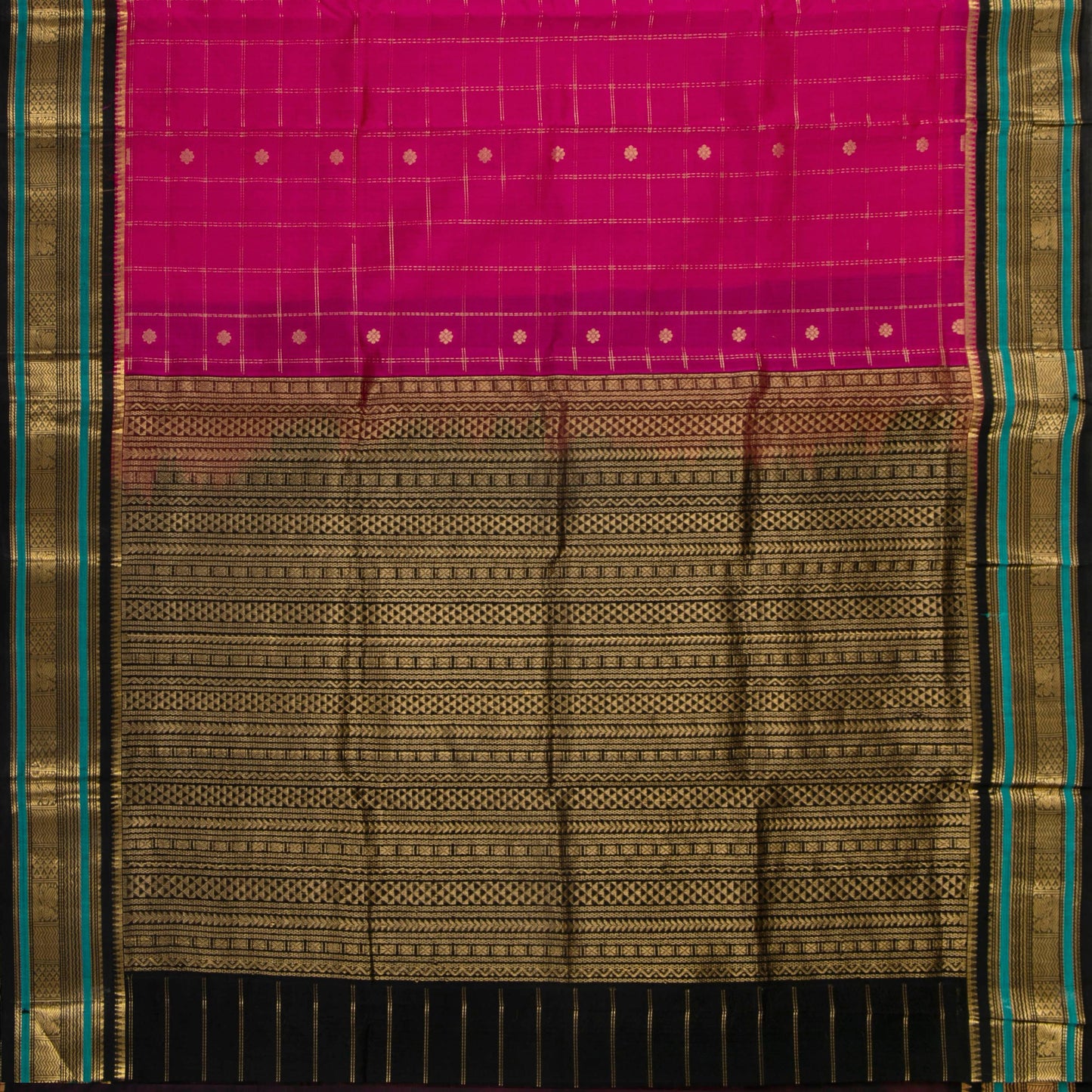 Pink And Black Kanchi Silk Cotton Saree With Zari Checks For Festive Wear VP SC 173