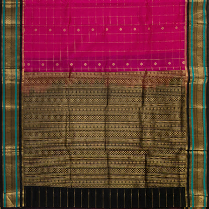 Pink And Black Kanchi Silk Cotton Saree With Zari Checks For Festive Wear VP SC 173