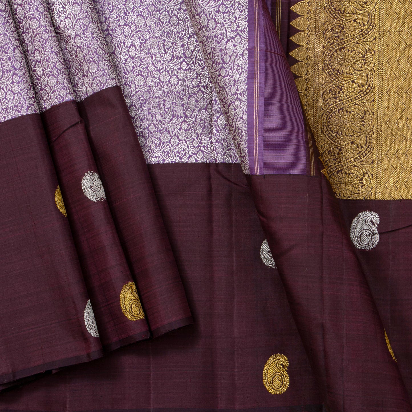 Lavender And Brown Kanchipuram Silk Saree For Festive Wear PV NYC 1543