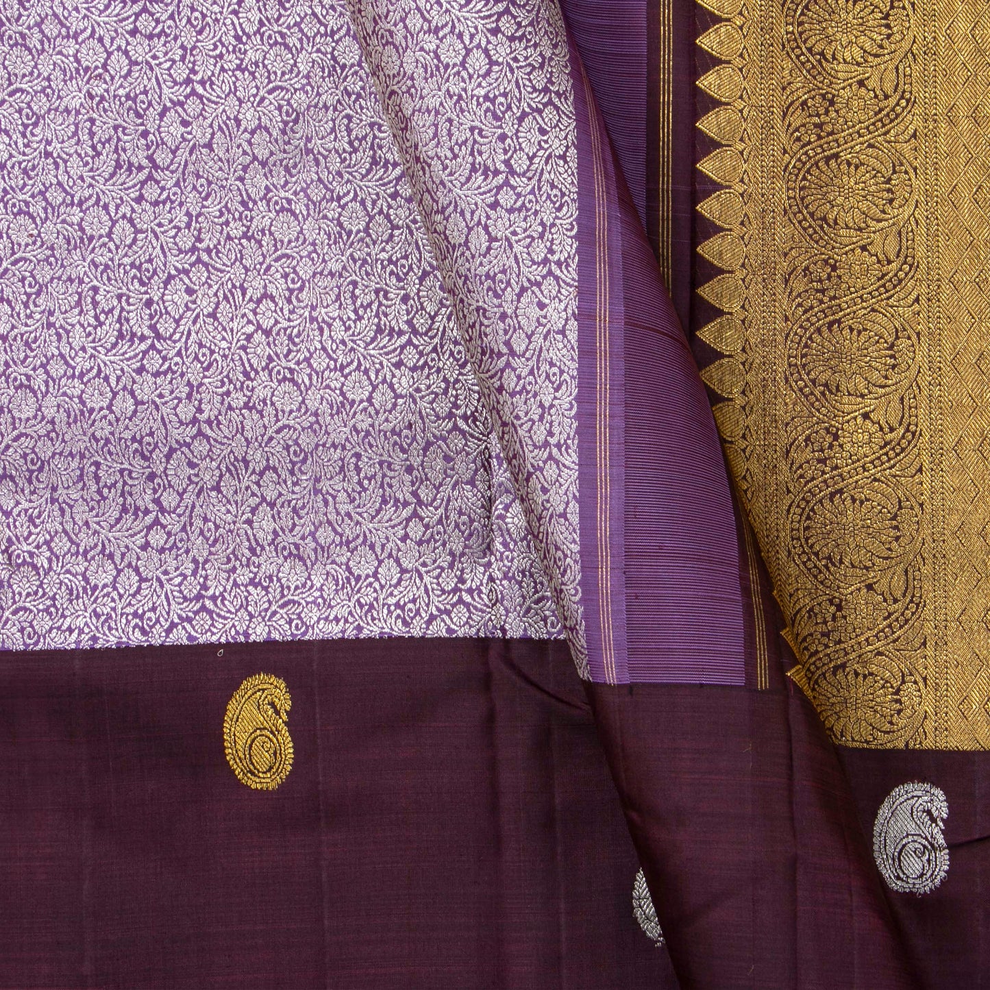 Lavender And Brown Kanchipuram Silk Saree For Festive Wear PV NYC 1543