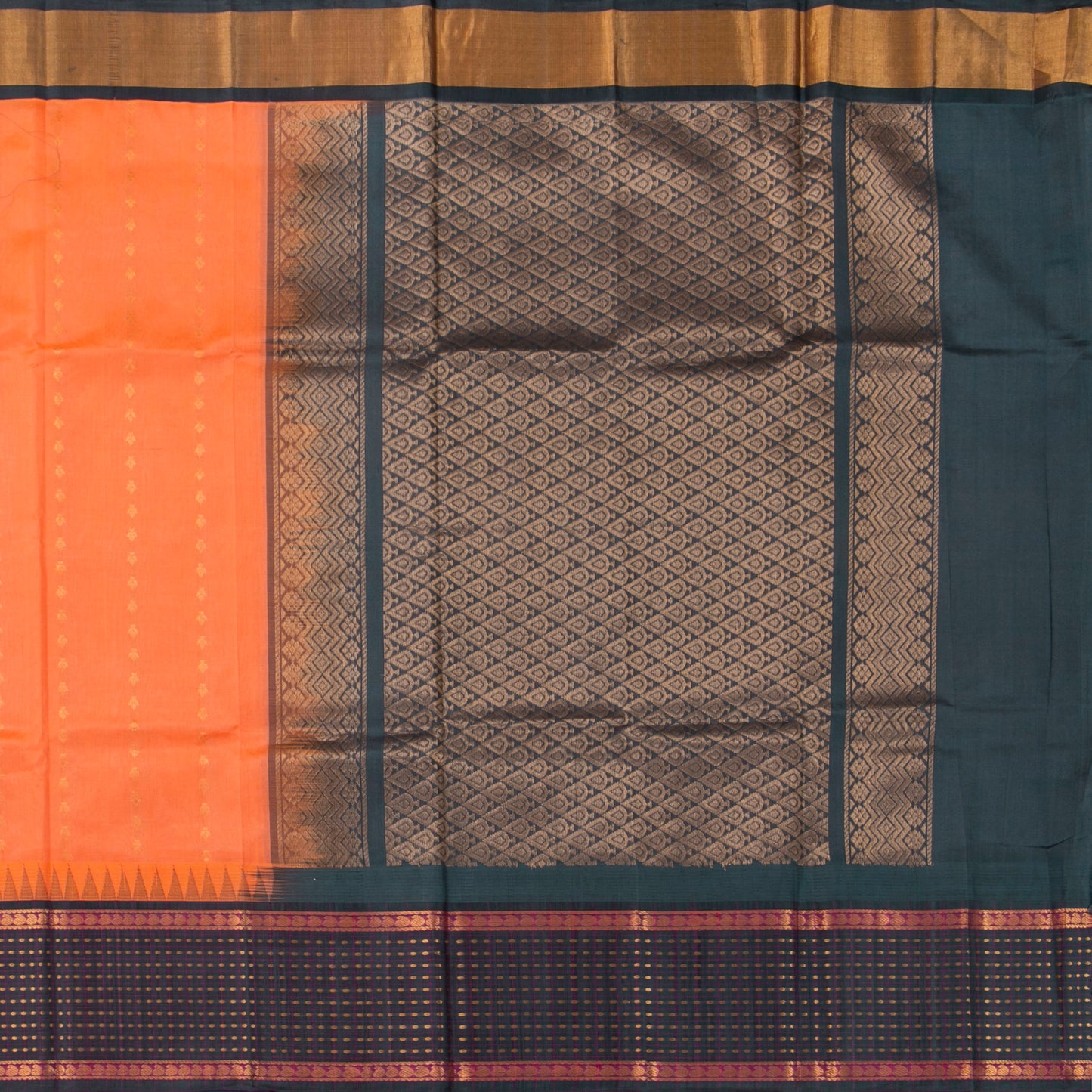 Peach And Green Kanchi Silk Cotton Saree With Zari Checks For Festive Wear VP SC 175