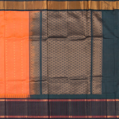 Peach And Green Kanchi Silk Cotton Saree With Zari Checks For Festive Wear VP SC 175