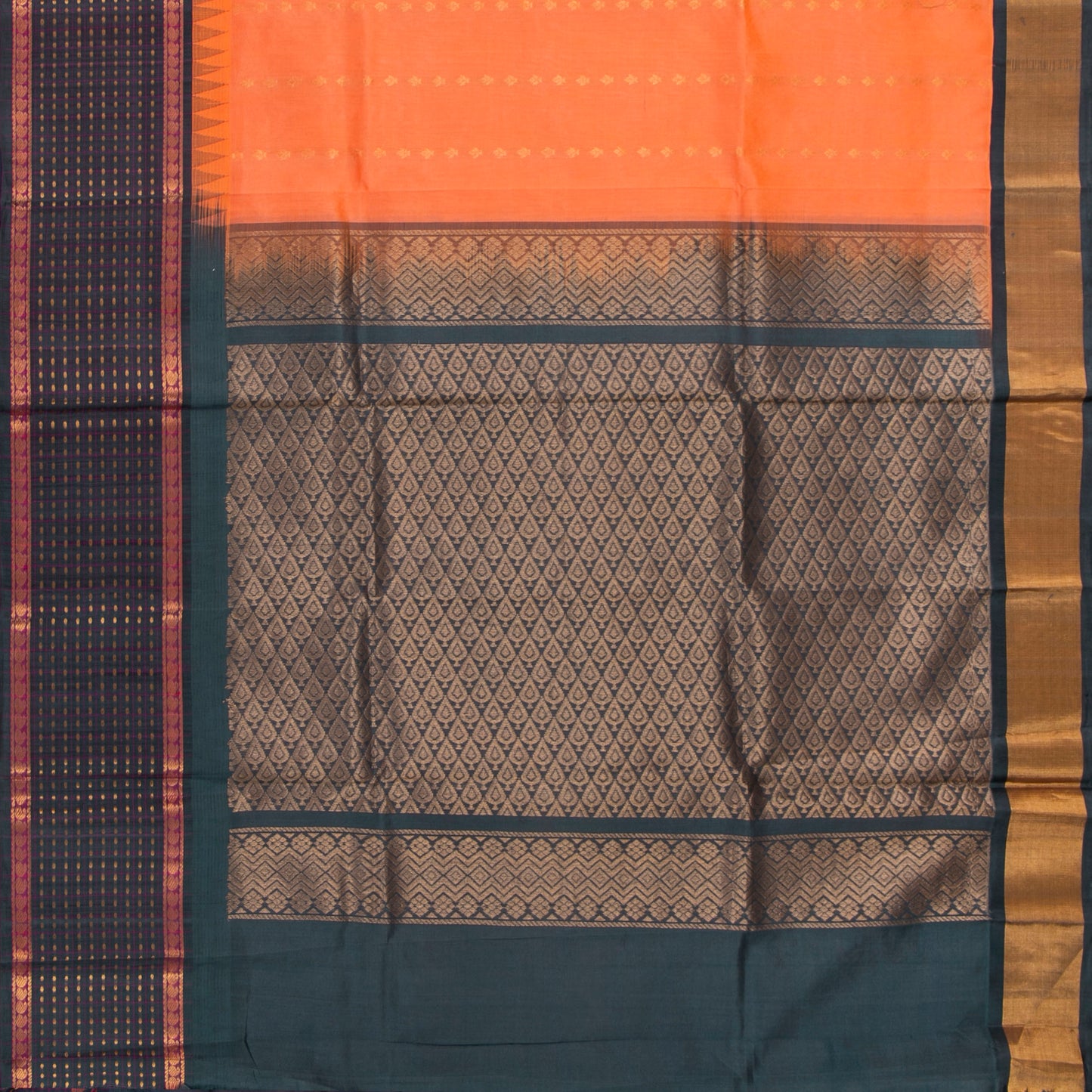 Peach And Green Kanchi Silk Cotton Saree With Zari Checks For Festive Wear VP SC 175