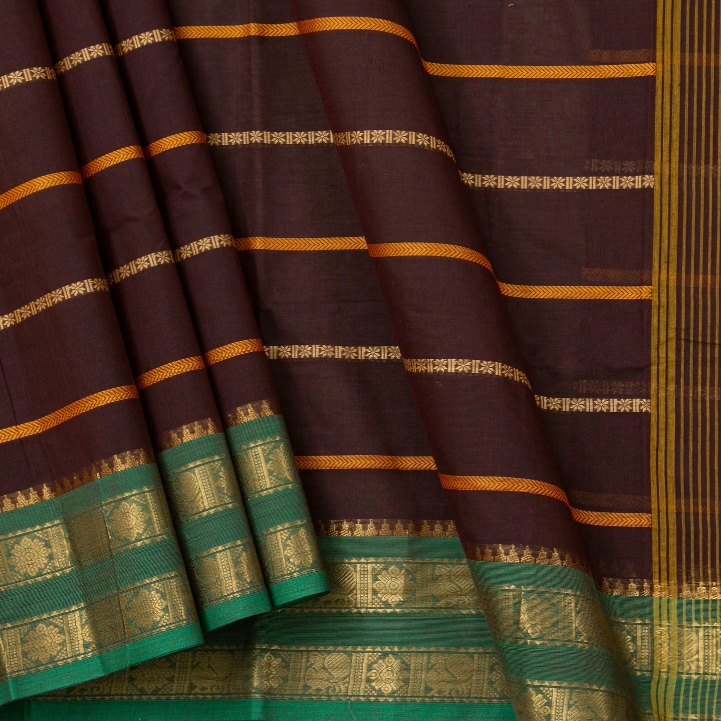 Brown And Green Veldhari Stripes Kanchi Cotton Saree For Festive Wear PV MM KC 924