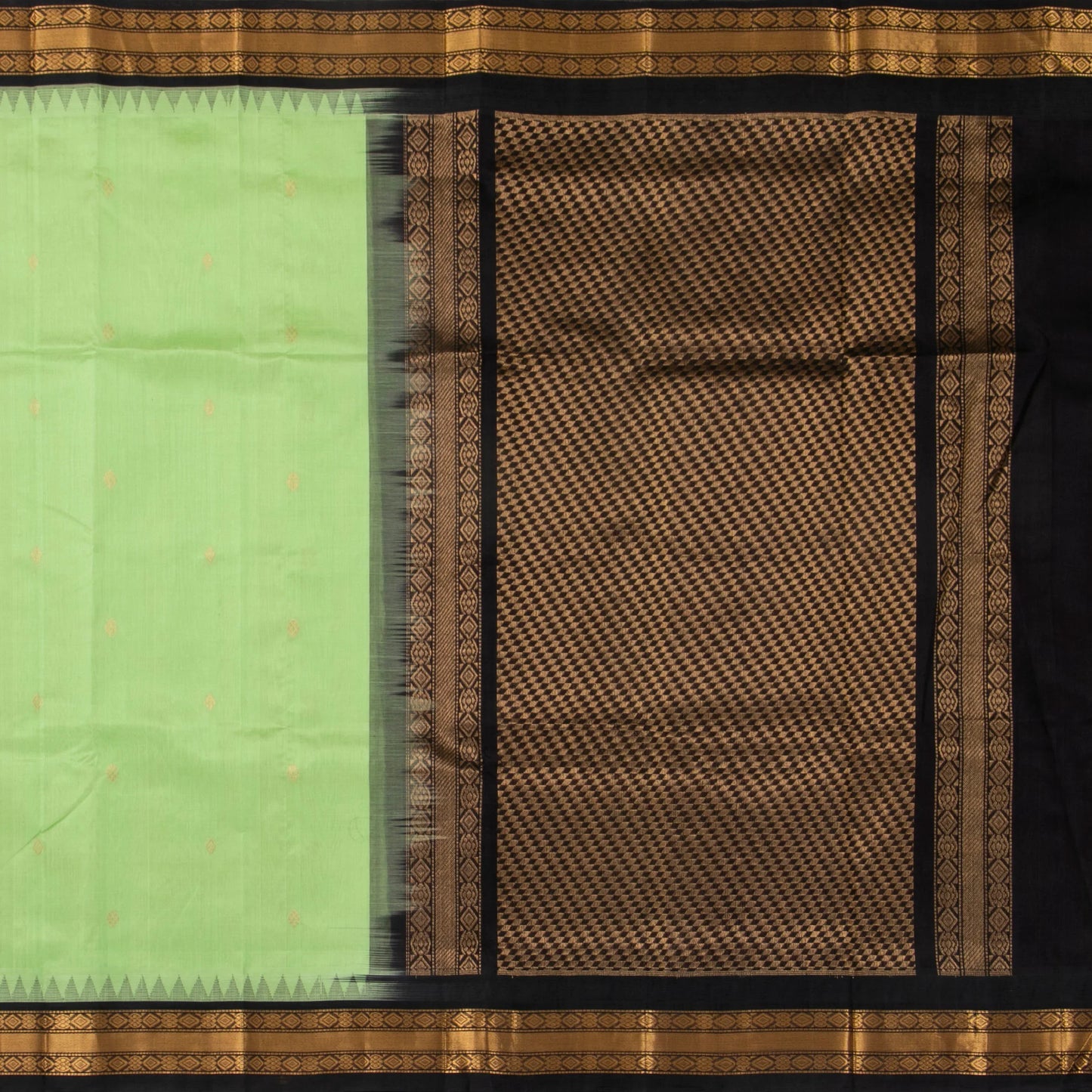 Pista Green And Black Kanchi Silk Cotton Saree With Temple Korvai Border For Festive Wear VP SC 165
