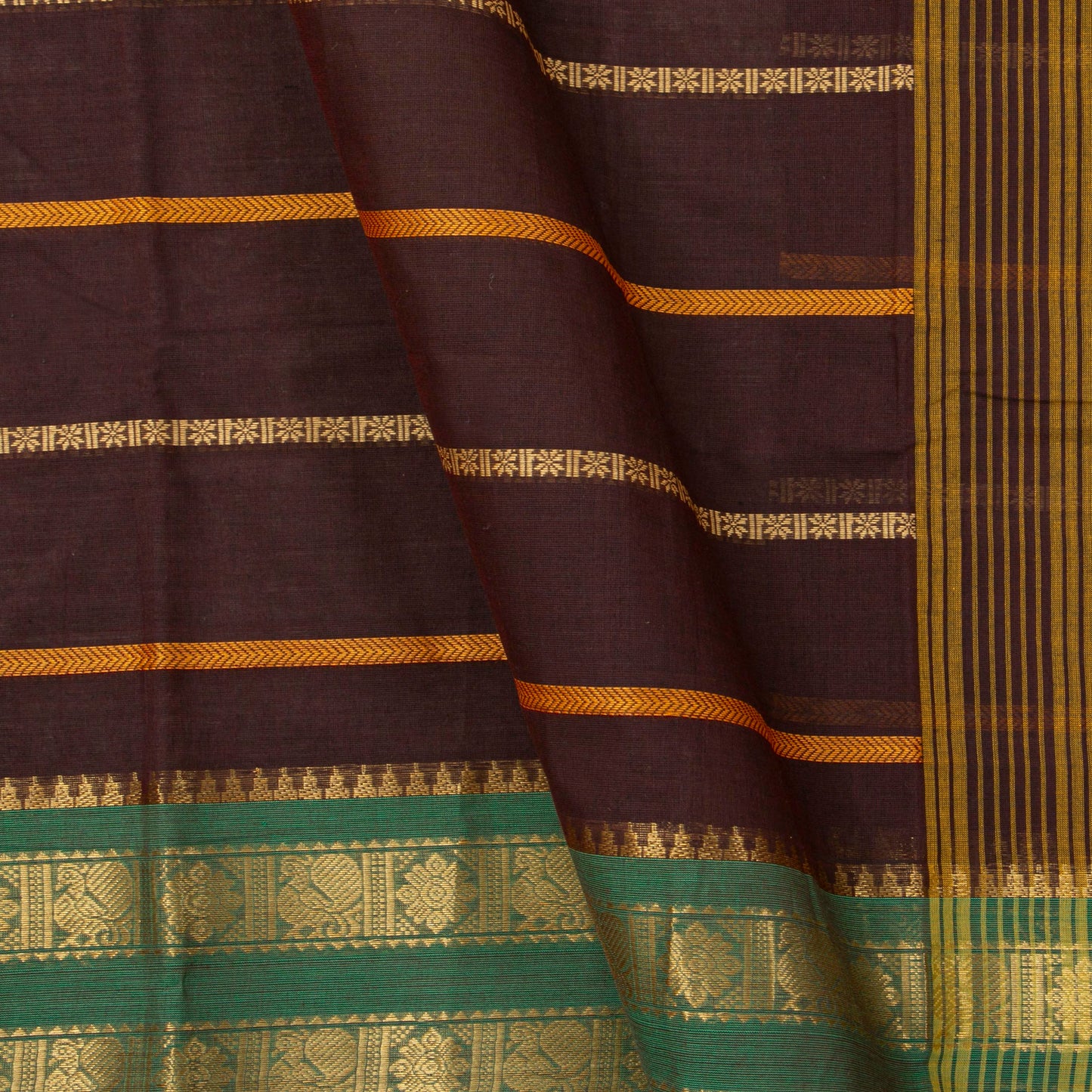 Brown And Green Veldhari Stripes Kanchi Cotton Saree For Festive Wear PV MM KC 924