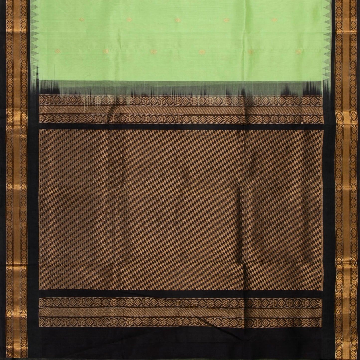 Pista Green And Black Kanchi Silk Cotton Saree With Temple Korvai Border For Festive Wear VP SC 165