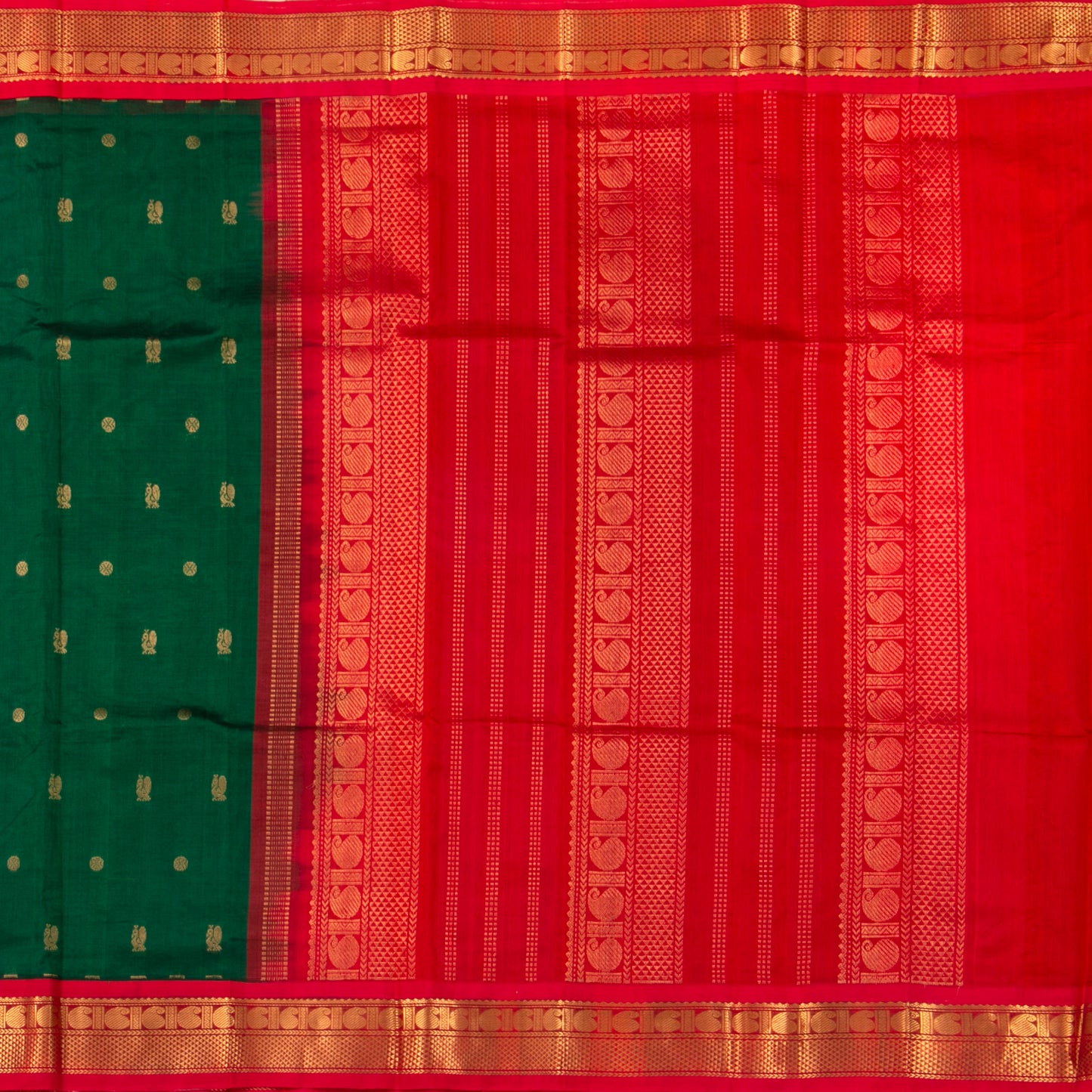 Green And Red Kanchi Silk Cotton Saree With Chakram Annam Motifs For Festive Wear VP SC 161