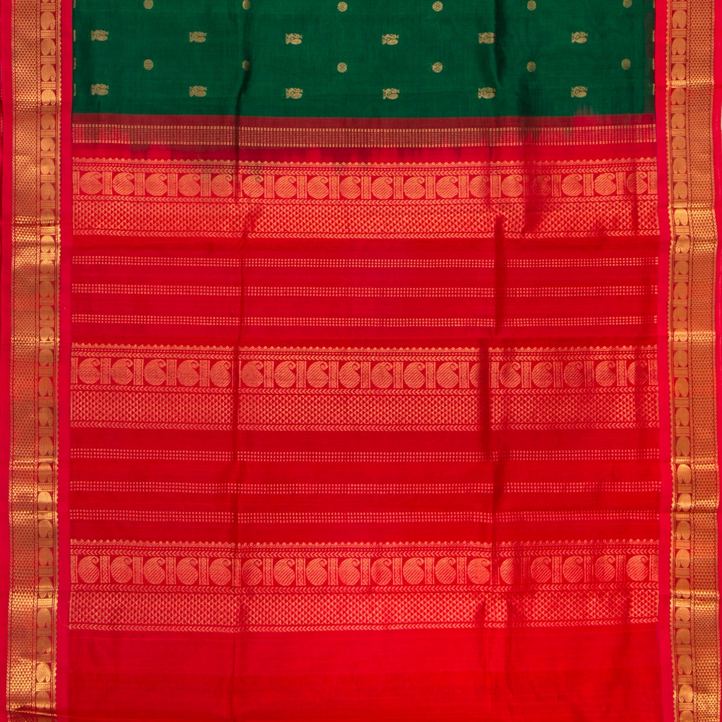 Green And Red Kanchi Silk Cotton Saree With Chakram Annam Motifs For Festive Wear VP SC 161
