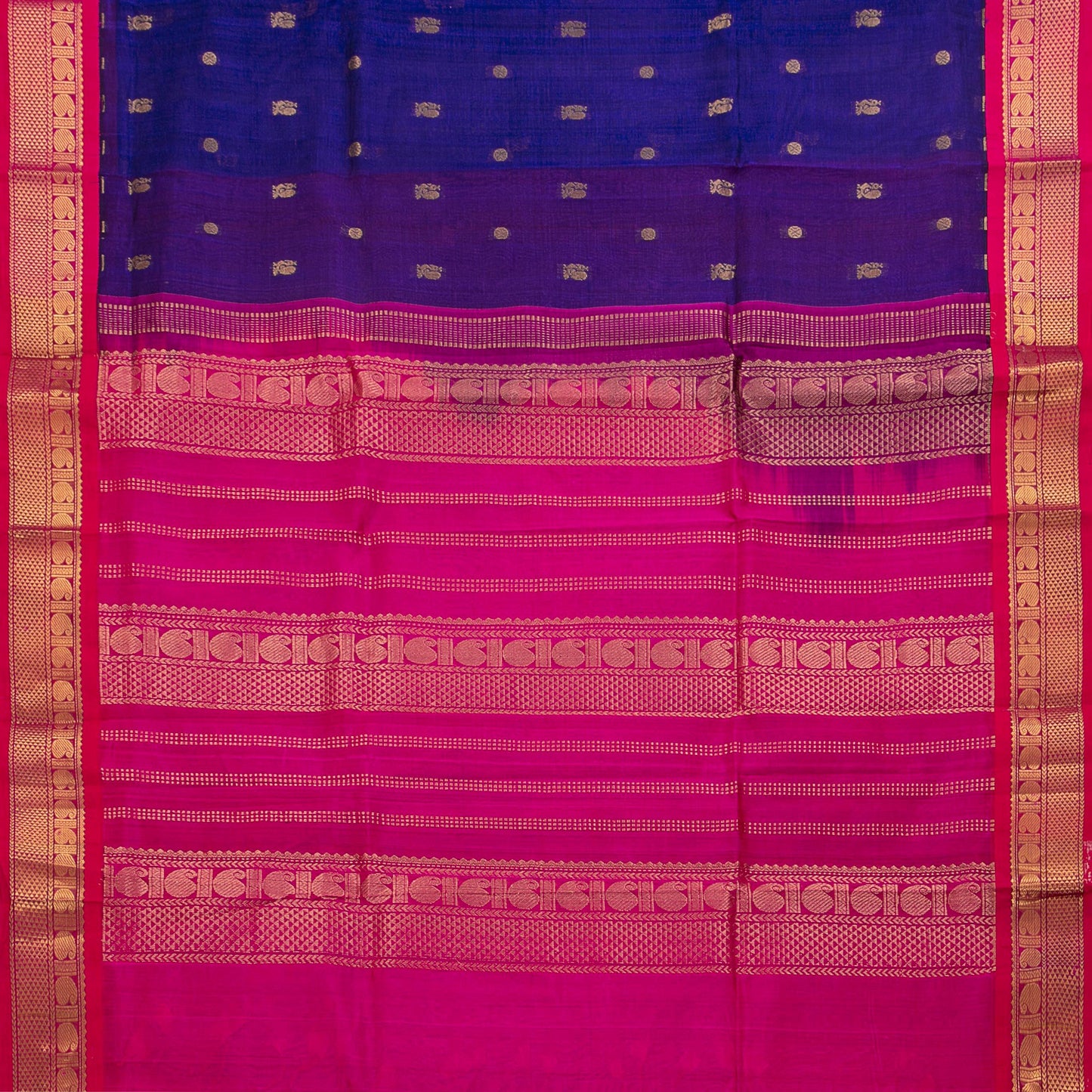 Blue And Pink Kanchi Silk Cotton Saree With Korvai Border For Festive Wear VP SC 163