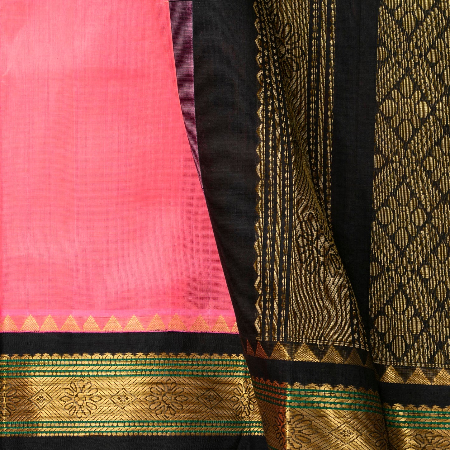 Pastel Pink And Black Kanchi Silk Cotton Saree For Festive Wear VP SC 148