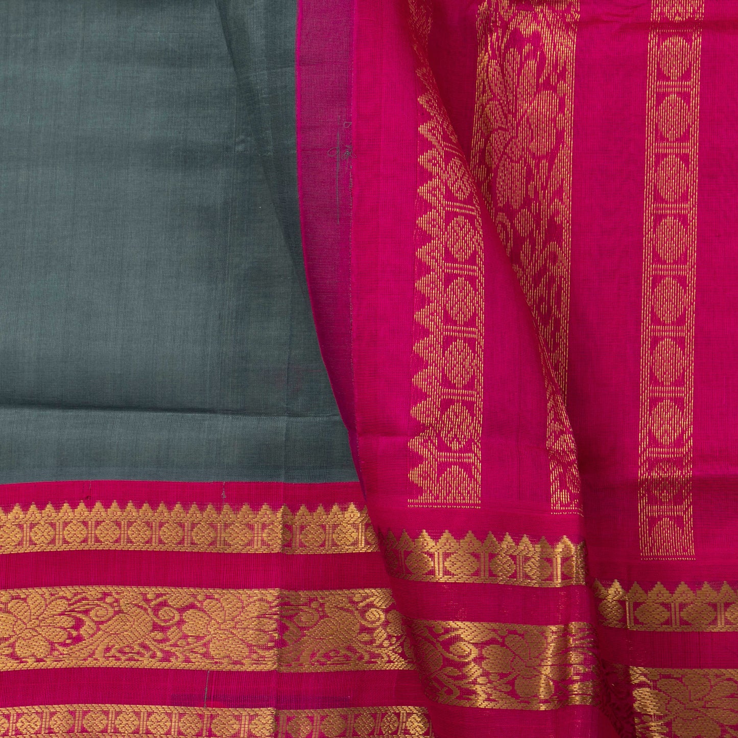 Grey And Pink Kanchi Silk Cotton Saree For Festive Wear VP SC 149