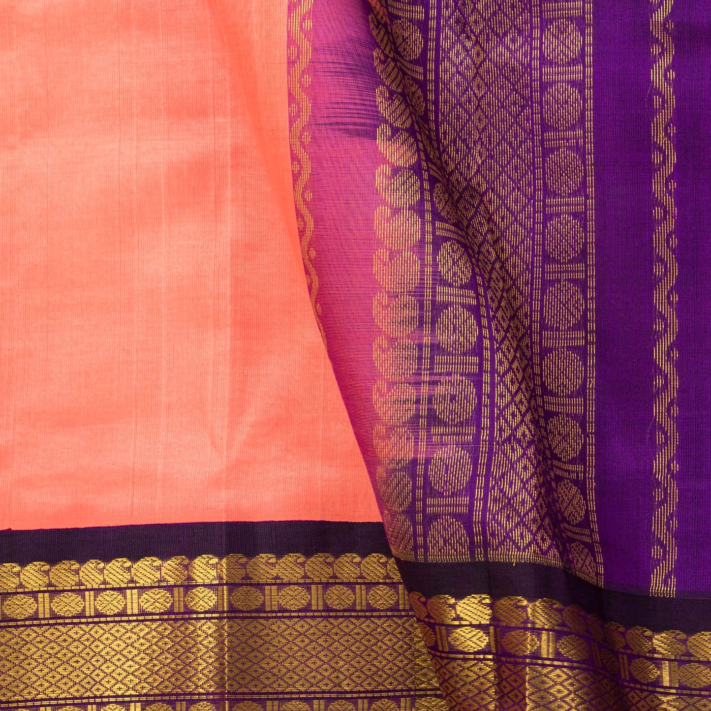 Peach And Purple Kanchi Silk Cotton Saree For Festive Wear VP SC 147