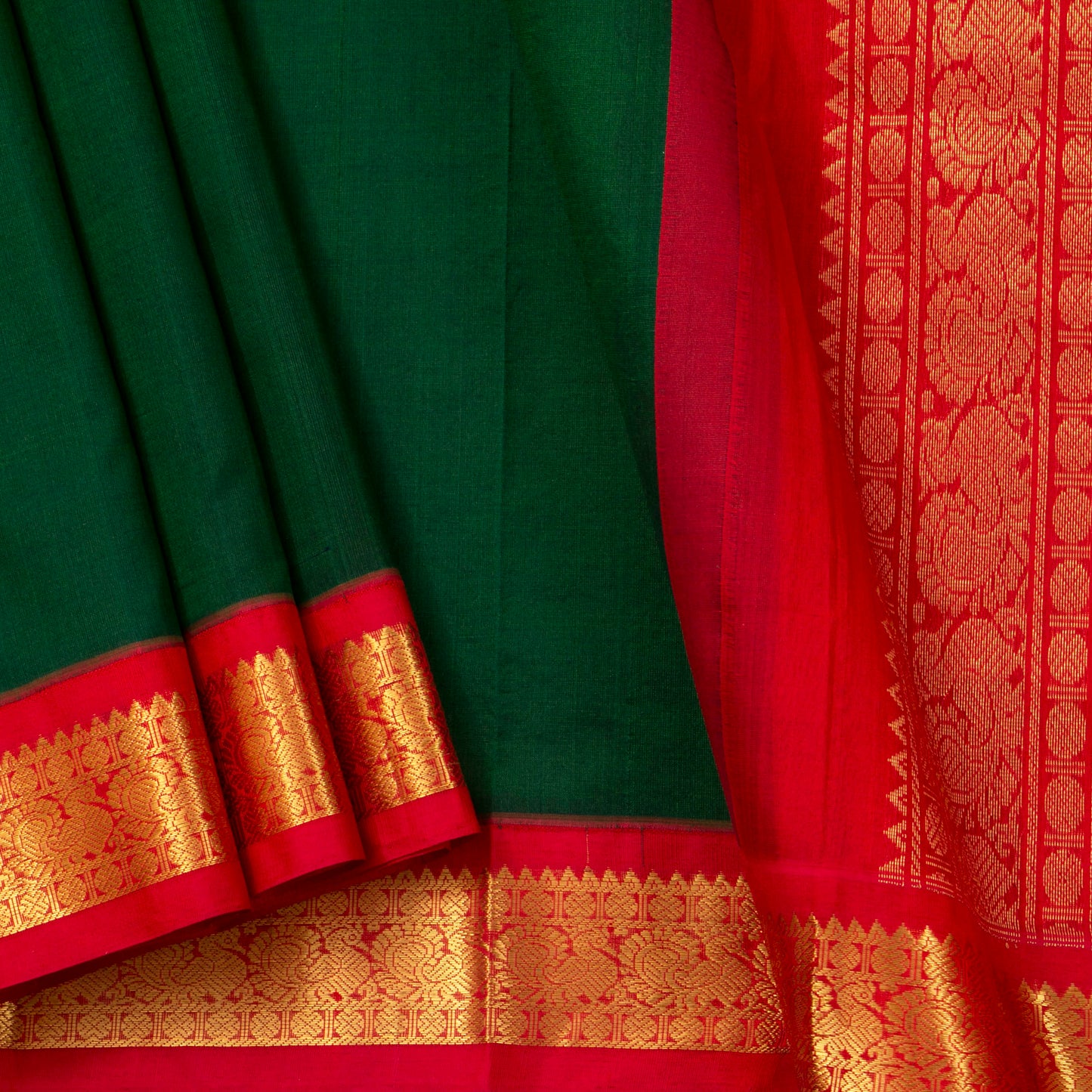 Green And Red Kanchi Silk Cotton Saree With Korvai Border For Festive Wear VP SC 157