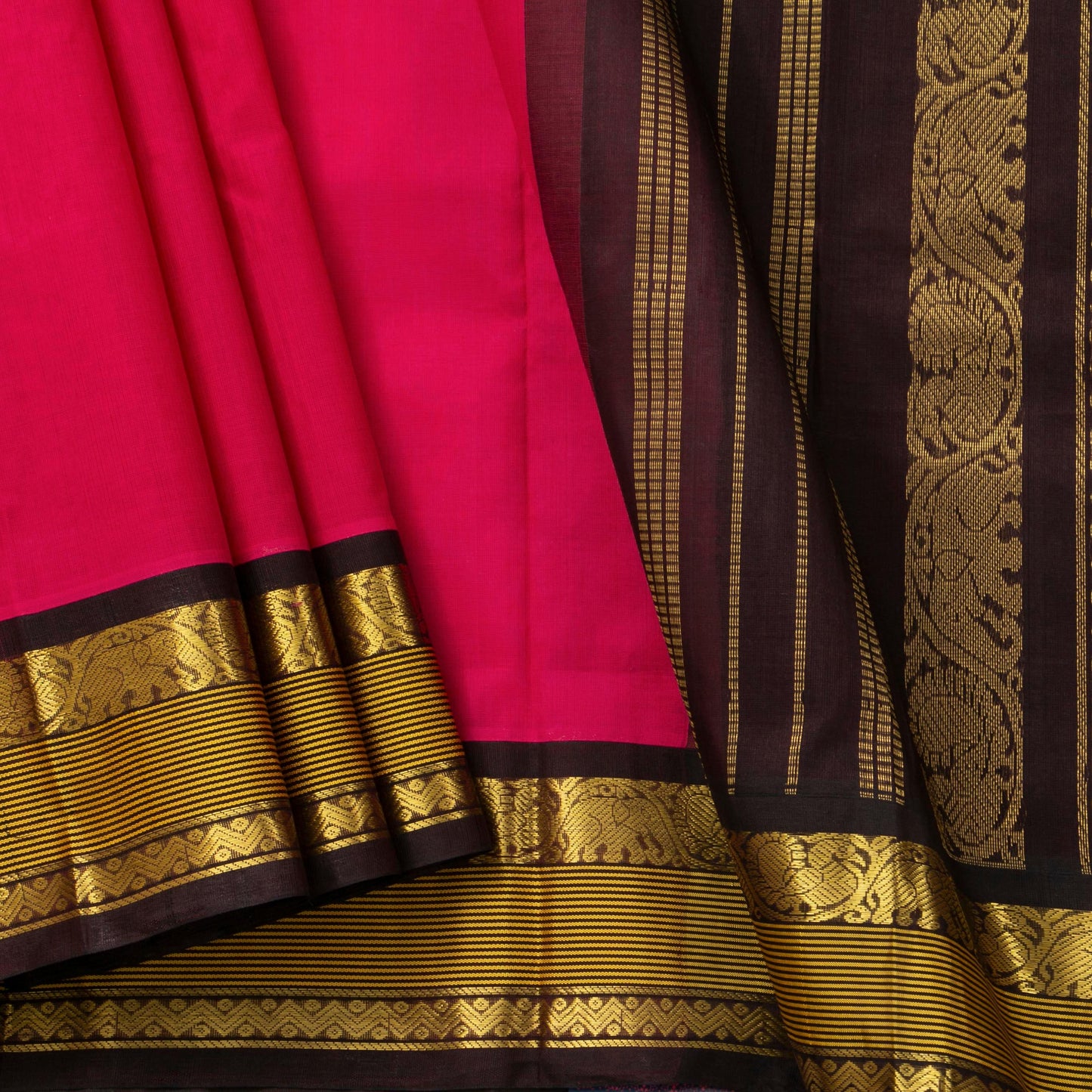 Rani Pink And Brown Kanchi Silk Cotton Saree For Festive Wear VP SC 154