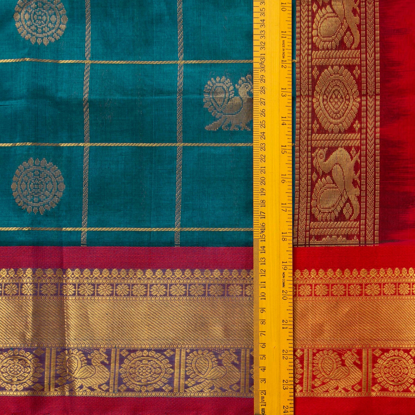 Blue And Red Kanchi Silk Cotton Saree With Zari Checks For Festive Wear VP SC 135