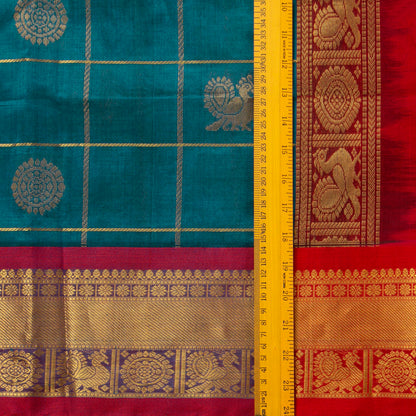 Blue And Red Kanchi Silk Cotton Saree With Zari Checks For Festive Wear VP SC 135