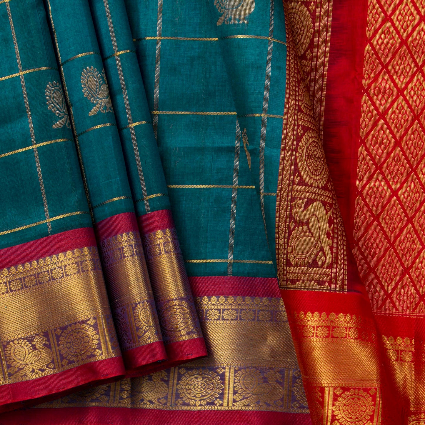Blue And Red Kanchi Silk Cotton Saree With Zari Checks For Festive Wear VP SC 135