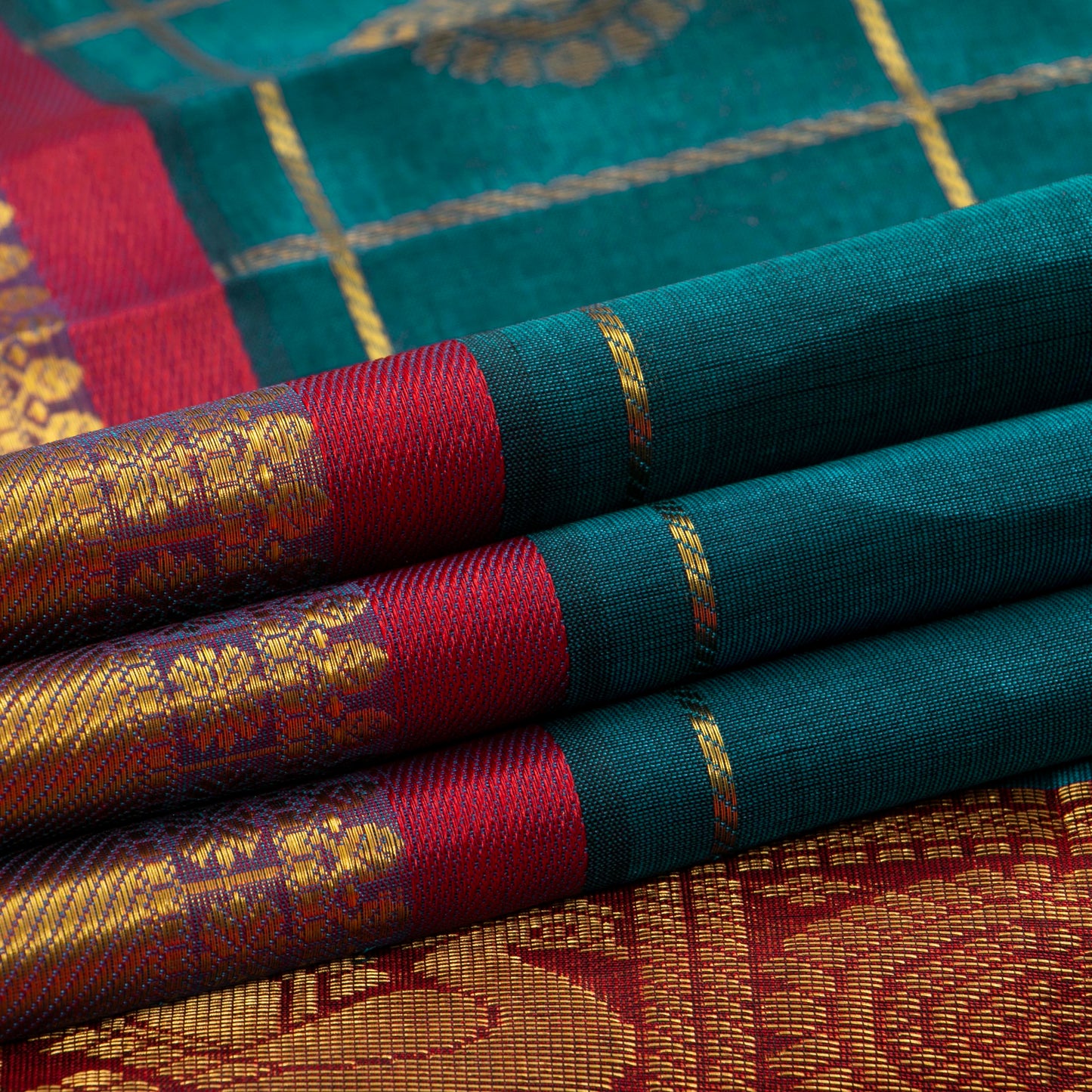 Blue And Red Kanchi Silk Cotton Saree With Zari Checks For Festive Wear VP SC 135