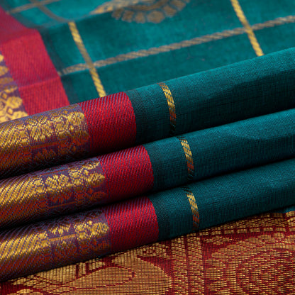 Blue And Red Kanchi Silk Cotton Saree With Zari Checks For Festive Wear VP SC 135
