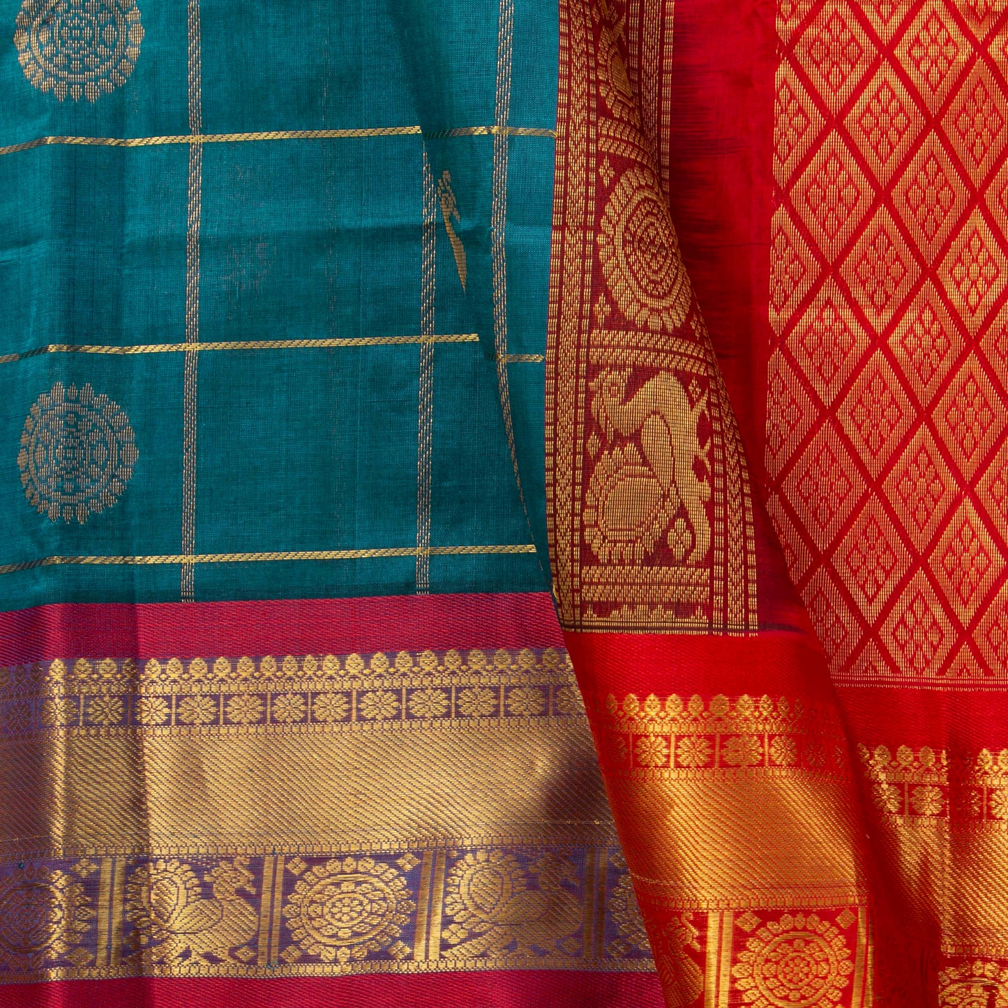 Blue And Red Kanchi Silk Cotton Saree With Zari Checks For Festive Wear VP SC 135