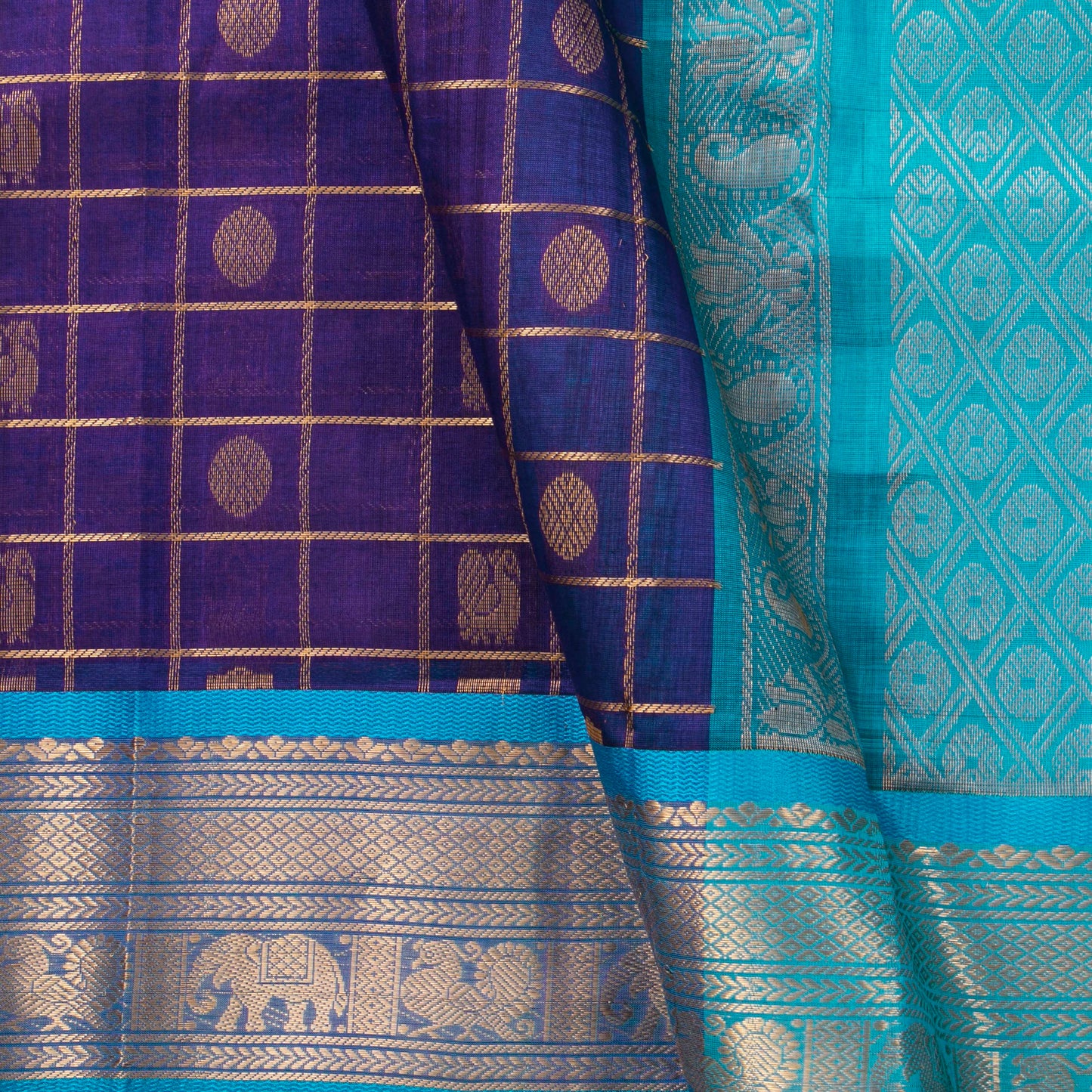 Purple And Ananda Blue Kanchi Silk Cotton Saree With Zari Checks For Festive Wear VP SC 138