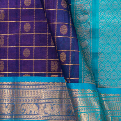 Purple And Ananda Blue Kanchi Silk Cotton Saree With Zari Checks For Festive Wear VP SC 138