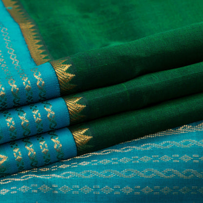 Bottle Green And Ananda Blue Kanchi Silk Cotton Saree With Korvai Border For Festive Wear VP SC 152