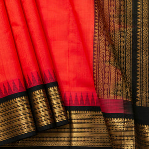 Red And Black Kanchi Silk Cotton Saree With Temple Korvai Border For Festive Wear VP SC 153